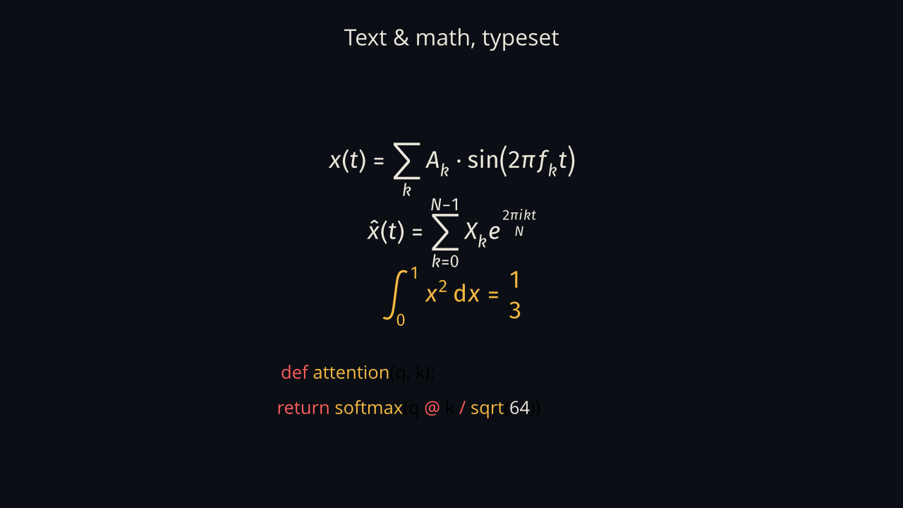 Typst-rendered equations and syntax-highlighted code on a dark plate